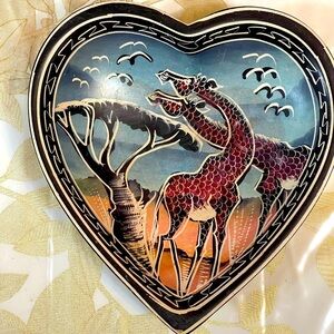 Giraffes Trinket Dish African Safari Motif SoapStone Heart Shape Nest Bowls